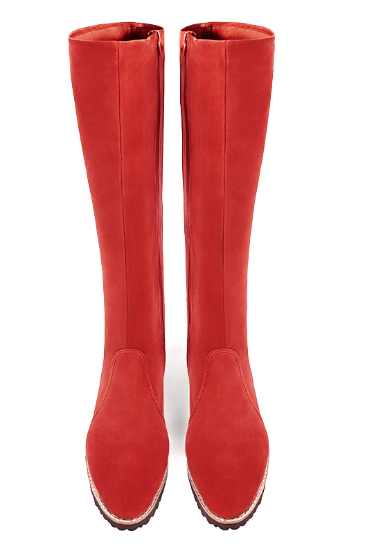 Scarlet red women's riding knee-high boots. Round toe. Flat rubber soles. Made to measure. Top view - Florence KOOIJMAN